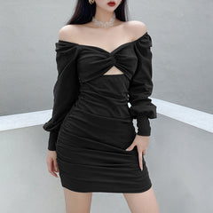 Aiertu - Twist Chest Cutout Puff Sleeve Pleats Dress Aiertu