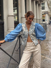 Aiertu - Chic V-neck Printed Patchwork Shirts Women Elegant Single Breasted Long Sleeve Blouse 2026 Casual Lady High Street Tops Aiertu