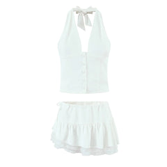 Aiertu - Summer White Lace Skirts Women Asymmetrical Skirt Y2k Outfit Solid Double Layered White Mini Skirts With Safety Shorts Lace Trim Aiertu