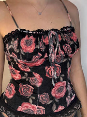 Aiertu -Vintage Rose Print Drawstring Tie Cami Top aiertu