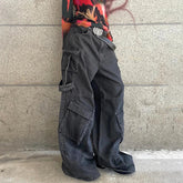 Aiertu - Gothic Fashion Women Cargo Jeans Grunge Loose Fit Pocket Denim Pants Harajuku Y2K Boyfriend Style Wide Leg Trousers Aiertu