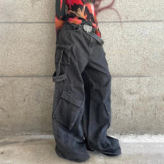 Aiertu - Gothic Fashion Women Cargo Jeans Grunge Loose Fit Pocket Denim Pants Harajuku Y2K Boyfriend Style Wide Leg Trousers Aiertu
