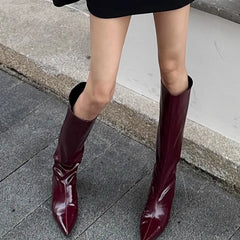 Aiertu - Burgundy Patent Leather High-Top Long Boots For Women Wine Red Pointed Toe Slip On Botas Largas De Mujer Kitten Low Heels Mature Aiertu