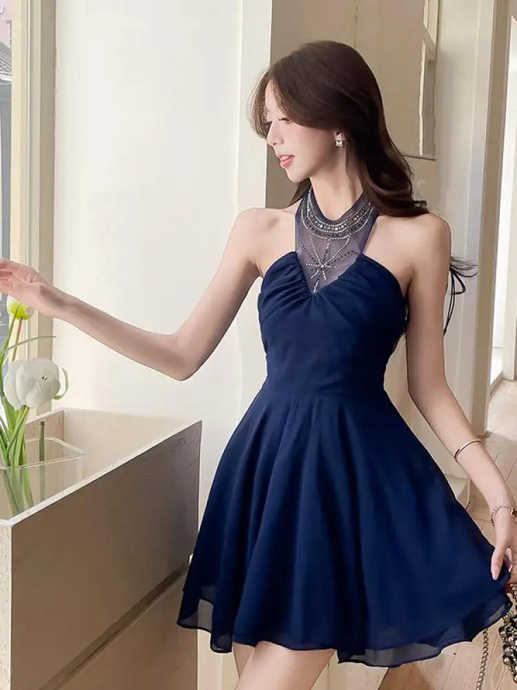 Aiertu - New Women Blue Diamond Patchwork Sexy Slim Backless Halter Short Dress Summer Elegant Sleeveless Off Shoulder Pleated Mini Dress Aiertu