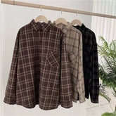 Spring Outfits Back To School Outfits Vintage Women Plaid Shirts Loose Oversize Long Sleeve Button Up Fall Shirt Casual Pocket Female Tops Korean Black Tops Aiertu