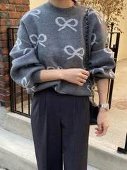 Aiertu - Elegant Bow Printed Women Knitted Sweater Fashion Round Neck Long Sleeves Oversized Pullover 2026 Warm Lady Commuting Tops Aiertu