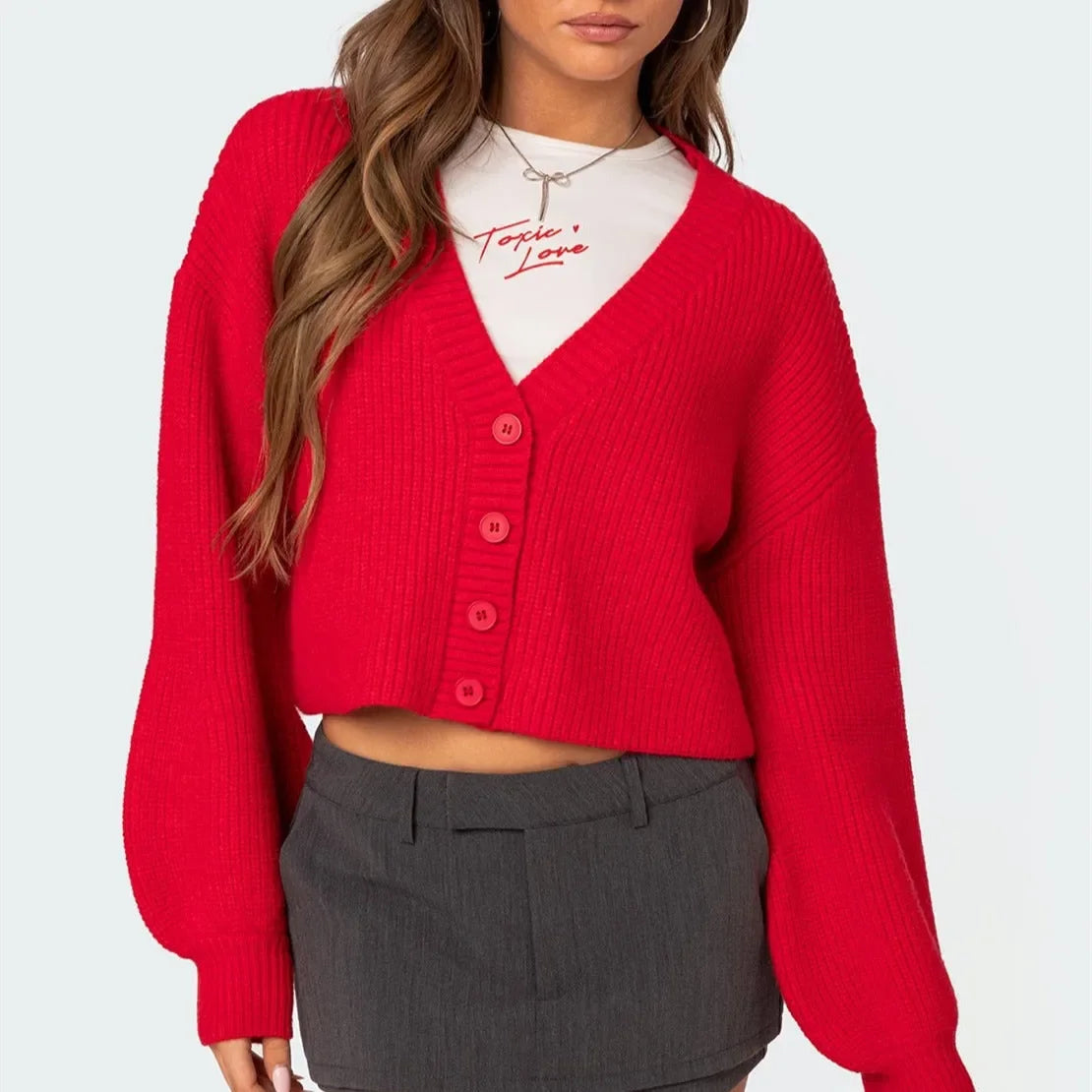 Aiertu - Women's Knit Crop Cardigan Casual Loose Solid Color V Neck Long Sleeve Button Down Sweater for Winter Fall Streetwear Aiertu