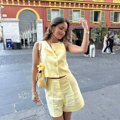 Aiertu - Age Reduction Light Yellow Round Neck Sleeveless Short Vest Pleated Design Short Pants Women Suit Set ZATT 2025 Summer New Aiertu