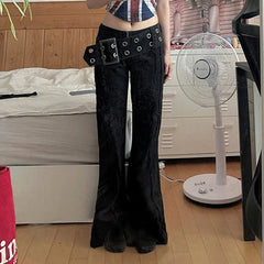 Aiertu - Gothic Style Wide Waistband Flare Jeans High Street Y2K Retro Fashion Denim Pants Black Casual Punk Boot Cut Trousers Aiertu
