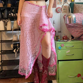 Aiertu - Fairycore Floral Lace Slit Maxi Skirt Y2k High Waist Mesh Sheer Asymmetric A-Line Skirt Cottage Vintage 00s Aesthetic Long Skirt Aiertu