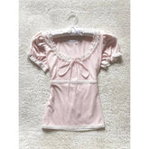 Aiertu - Kawaii Pink T Shirt Women Japanese Cute Bow Lace Up Tops Summer Y2K Korean Fashion Lace Patchwork Puff Short Sleeve Tees Aiertu