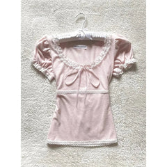 Aiertu - Kawaii Pink T Shirt Women Japanese Cute Bow Lace Up Tops Summer Y2K Korean Fashion Lace Patchwork Puff Short Sleeve Tees Aiertu