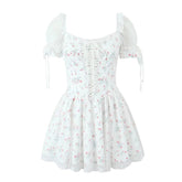 Aiertu - Sexy Off Shoulder Floral Print Mini Dresses For Women Short Sleeve Low Waist Holiday Summer Dress Lace Up Elegant Party Robe Aiertu