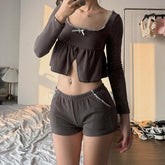 Aiertu Aesthetic Outfits Women Lace Trim Sqaure Neck Babydoll Crop Tops Elastic Waist Shorts Cottage 2 Pieces Set 90s Vintage T-shirt Aiertu
