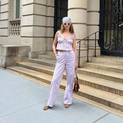 Aiertu - Casual Striped Ruffles Top Pants Suit Women Lace-up Sleeveless Pleated Vests Loose Wide Leg Trouser 2026 New Lady Set Streetwear Aiertu