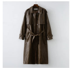 Aiertu - 2026 Autumn New design Runway Designer Leather Maxi Long Trench Coat With Belt Chic Female PU Windbreaker Classic Aiertu