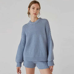 Aiertu - Solid Knitted Sweater Shorts Suit Women Casual Crochet O-neck Long Sleeve Pullover Short Pants 2026 Autumn New Lady Loose Outfit Aiertu