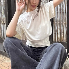 Aiertu - O-neck Pleated Asymmetric Casual Short-sleeved T-shirt Women 2026 Summer New High Street Fashion Solid Color All Match Tops Aiertu