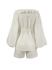 Aiertu - Women 2 Piece Outfits Ruffle Loose Tie Front Long Sleeve Shirt and Casual Elastic Shorts Club Streetwear Summer Clothes Aiertu