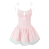 Aiertu - New Women Mesh Patchwork Pink Striped Sling Mini Dress Sexy Low Waist O Neck A-line Holiday Summer Dresses Sweet Robe Aiertu