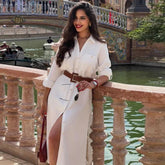 Aiertu - Elegant Belt Turn-down Collar Pocket Split Dress Women Single Breasted Lapel Button Maxi Dresses 2026 Summer Office Lady Robes Aiertu