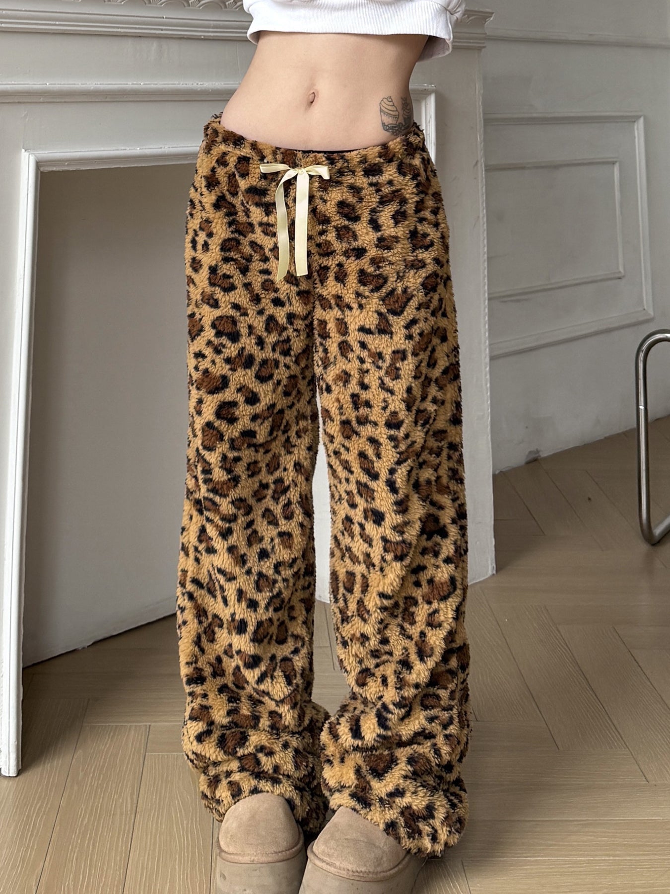Aiertu - summer inspo Leopard Velvet Women Loose Long Pants Bow Y2k Retro Fashion Chic Warm Autumn New Trousers Design Street Style Aiertu