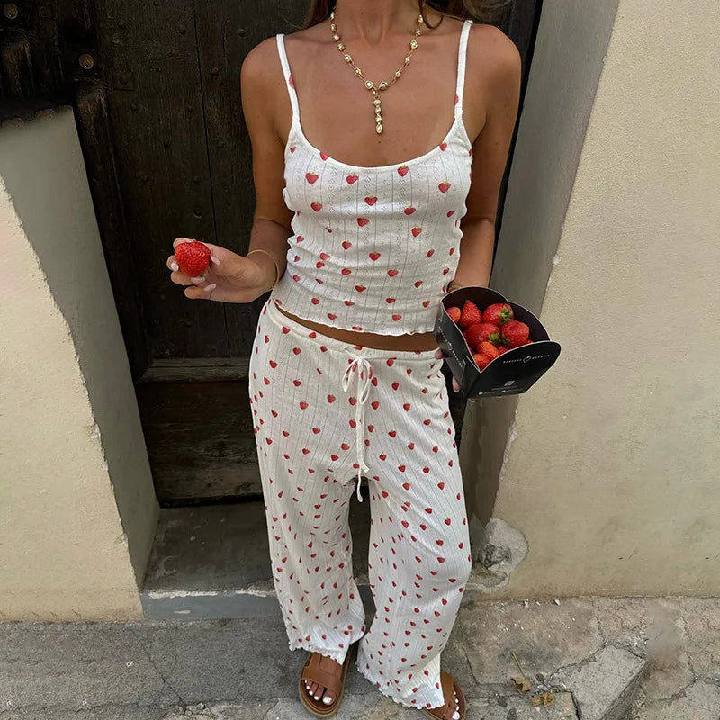 Aiertu - Strawberry Print Eyelet Two-piece Set Women Summer Sleeveless Slim Camis+Drawstring Pants Sets Home Cozy Sweet Casual Pajamas Aiertu
