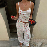 Aiertu - Strawberry Print Eyelet Two-piece Set Women Summer Sleeveless Slim Camis+Drawstring Pants Sets Home Cozy Sweet Casual Pajamas Aiertu