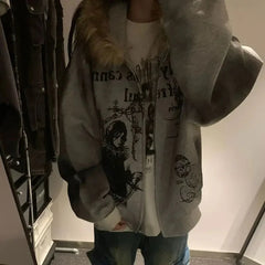 Aiertu Gothic Harajuku Streetwear Jacket American Retro Printed Oversized Sweatshirt Women Punk Personality Fur Collar Zipper Hoodie Aiertu