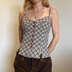 Aiertu - Y2K Women Plaid Vest Sweet Style Retro Buttons Slit Hem Camisole Aesthetic Chic Fashion Tank Top Summer Outfits 2025 Aiertu