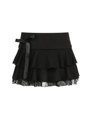 Aiertu - summer inspo Goth Y2K Black Lace Trim Bow A Line Mini Skirt Women Korean Streetwear Aiertu