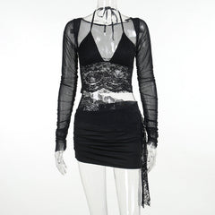 Aiertu Autumn New Fashion Temperament Sexy Deep V Slim Lace Spliced Net Long-Sleeved Dress Woman Aiertu
