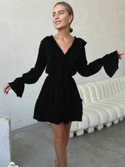 Aiertu - 2026 Fall V-neck Flare Sleeve Ruffles Short Dresses Streetwear Women's High Waist Lace-up Tunics Ruched A-line Pink Party Dress Aiertu