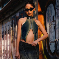 Aiertu - Halter Belt Sleeveless Blue Bodysuit Zipper Backless Worn Out Denim Camisole Crop Top Fashion Summer Club Wear Aiertu