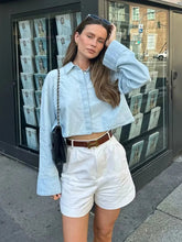 Aiertu - Single Breasted Sky Blue Short Shirt Women Long Sleeve Turn Down Collar Cotton Crop Top Blusa Mujer New Autumn Spring Aiertu