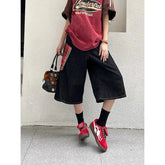 Aiertu Women Vintage Red Plaid Patchwork Black Basics Jeans Korean Streetwear Wide Leg Denim Shorts Capri Pants Japanese 2000s Fashion Aiertu
