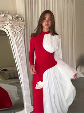 Aiertu - Fashion Patchwork Pleated Long Sleeve Dress Women Fashion Half High Collar Evening Dresses 2026 Autumn New Lady Party Long Robes Aiertu