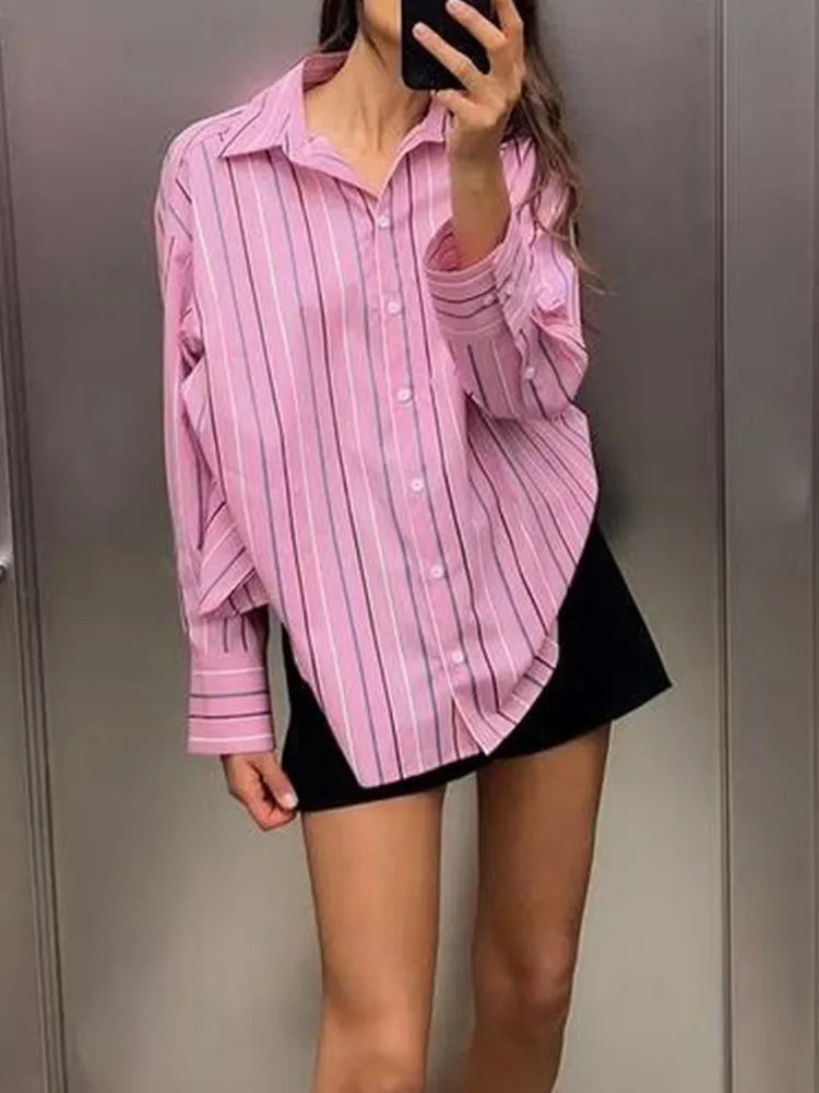 Aiertu - Women Summer Shirts Blouses Tops New Fashion Loose Striped Turn-down Collar Female Elegant Street Top Clothing Aiertu
