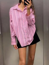Aiertu - Women Summer Shirts Blouses Tops New Fashion Loose Striped Turn-down Collar Female Elegant Street Top Clothing Aiertu