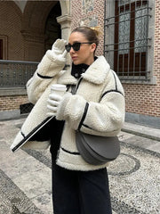 Aiertu - Women Plush Zipper Jacket Solid Patchwork Long Sleeve Lapel Motorcycle Coat Casual Autumn Winter Female Street Warm Outerwear Aiertu