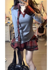 Aiertu - New Fashion Lrregular Spliced V Neck Tops Harajuku Vintage Y2k Aesthetic Punk Tiered Plaid Skirts Streetwear 2 Piece Sets Aiertu
