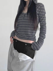 Aiertu - summer inspo Casual Striped Breasted Long Sleeve Hooded T-Shirts Women Design Slim Fit Simple Fashion Blouses Aiertu