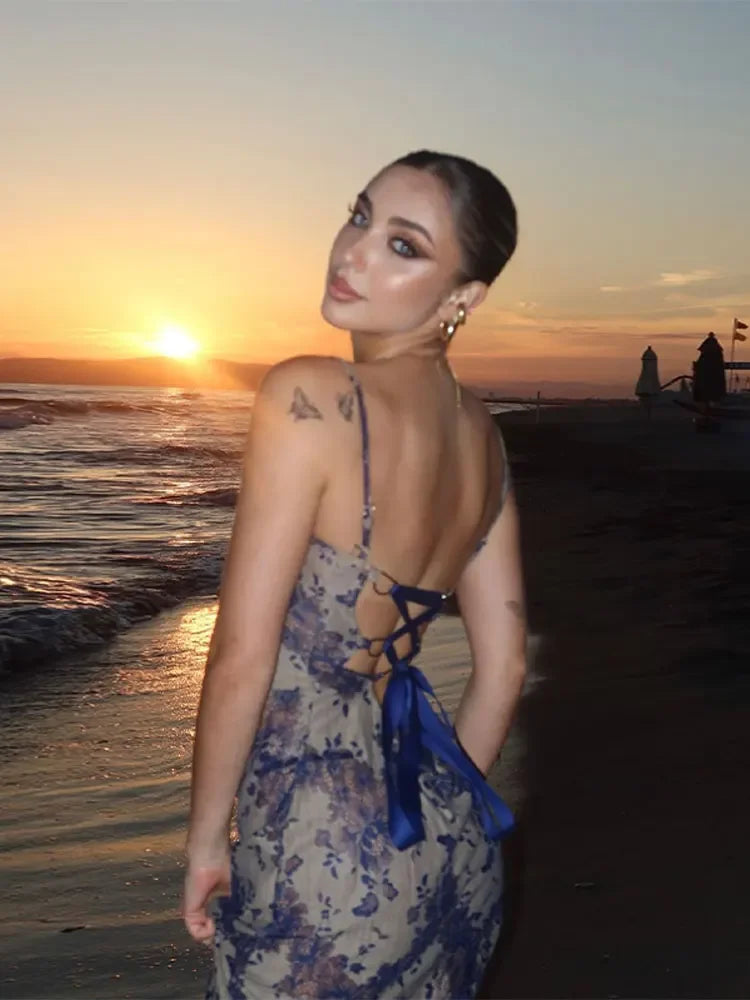 Aiertu - Fashion Print Backless Lace-up Maxi Dress Women Elegant Sleeveless Bodycon Party Long Robes 2026 New Sexy Beach Vocation Vestido Aiertu