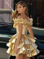 Aiertu - Women Golden Off Shoulder Lace Up Pleated Flounces Mini Robe Sexy Sleeveless Ruffles Cake Stamping Dress Summer Lady Partywear Aiertu