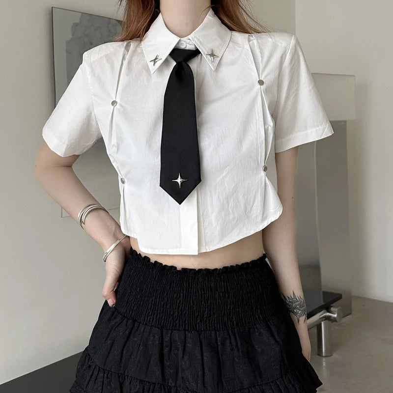 Aiertu Y2K Cropped White Shirts Women Harajuku Tie Short Sleeve Blouses Summer Preppy Korean Aesthetic All Match Crop Tops New Aiertu