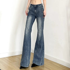 Aiertu - Y2K Low Waisted Washed Flare Jeans Korean Streetwear Blue Slim Fit Denim Pants Fashion Lady Casual Boot Cut Trousers Aiertu
