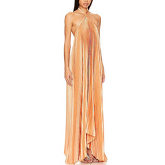 Aiertu - Sexy Halter Lace-up Backless Evening Dress Womens Spring Solid Rib Pleated Long Dress Summer Sleeveless Hollow Boho Maxi Dresses Aiertu