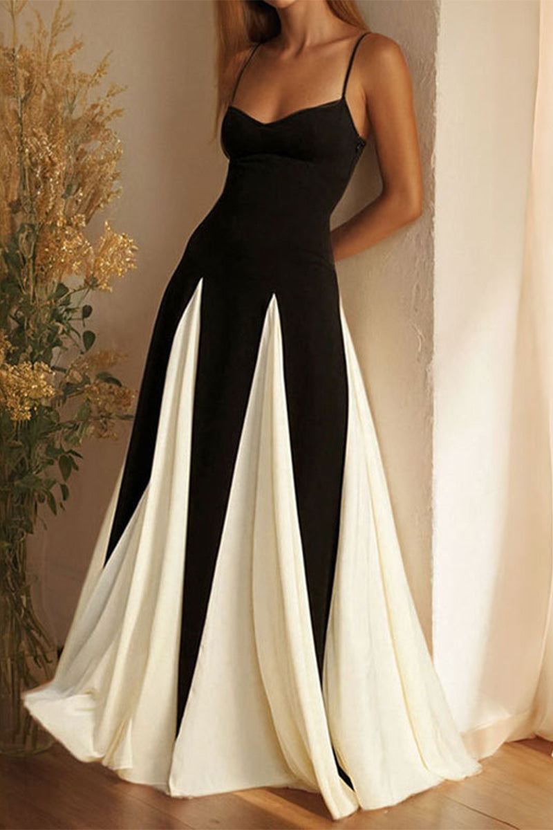 Aiertu - Sexy Colorblock Patchwork Backless Contrast V Neck Long Dresses Aiertu