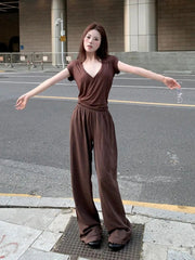 Aiertu - Sweet Hot Girl Casual Suit Women's Autumn Coffee Color V-neck Short-sleeved T-shirt High Waist Wide Leg Pants Two-piece Set Aiertu