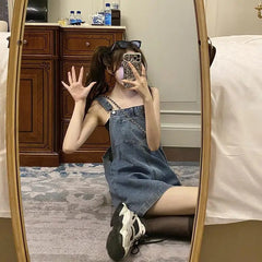 Aiertu Korean 2000s Fashion Denim Dresses for Large Women Plus Size Summer Casual Teen Strap Retro Jeans Loose Overall Dress Women Aiertu